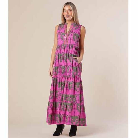 NWT Sheridan French Tessa Jungle Cat Cotton Side Pockets Maxi Dress Fuchsia Sz M - Picture 1 of 9